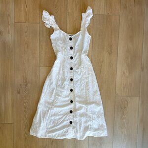 White shell broderie lace button midi sundress with ruffle sleeve